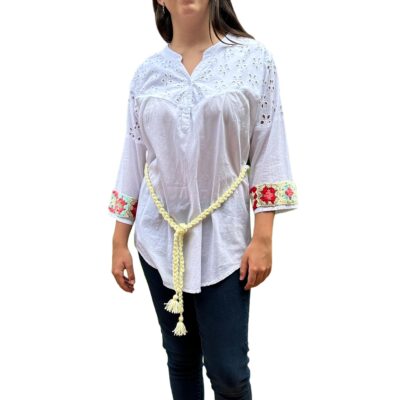Two Sisters Blusa Delgada de Algodón Manga 3/4 con de Detalles Crochet para Mujer (Con Cinturón Amarillo)