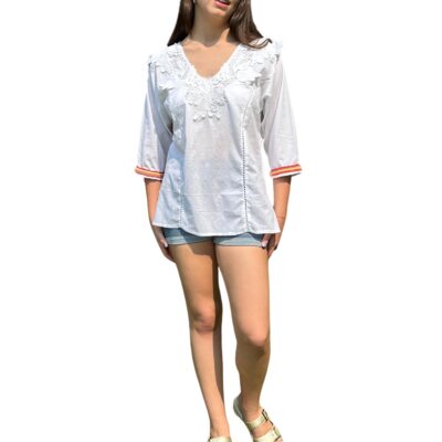Two Sisters Blusa Delgada de Algodón Manga 3/4 con de Detalles Crochet y Cuello de encaje para Mujer (M)