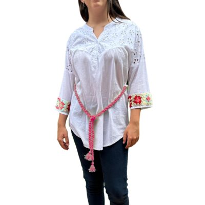 Two Sisters Blusa Delgada de Algodón Manga 3/4 con de Detalles Crochet para Mujer (Con Cinturón Rosa)