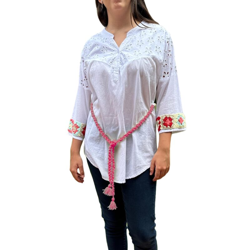 Two Sisters Blusa Delgada de Algodón Manga 3/4 con de Detalles Crochet para Mujer (Con Cinturón Rosa)
