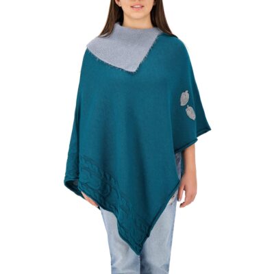 Two Sisters | Poncho con Trenza Aplicación Crochet, Cuello Suave Gris de Tejido de Punto Color Verde Esmeralda Corte Amplio Talla Única