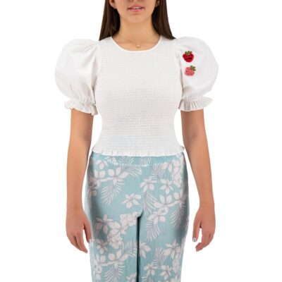 Two Sisters Blusa con Mangas Abombadas y Bordado a Mano Crochet (L, Blanco)