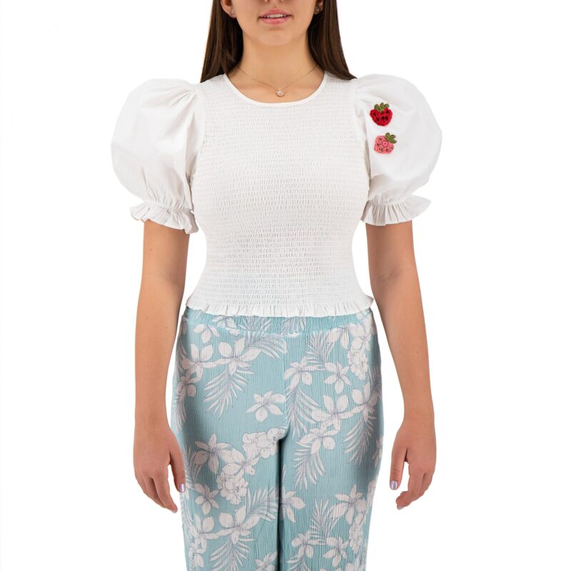 Two Sisters Blusa con Mangas Abombadas y Bordado a Mano Crochet (L, Blanco)