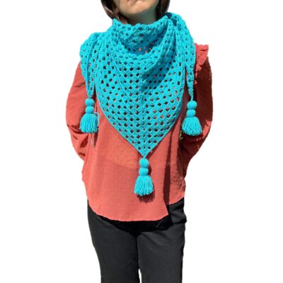 Two Sisters Bufanda Chal Azul Turquesa Tejida a Mano en Crochet, Talla Única