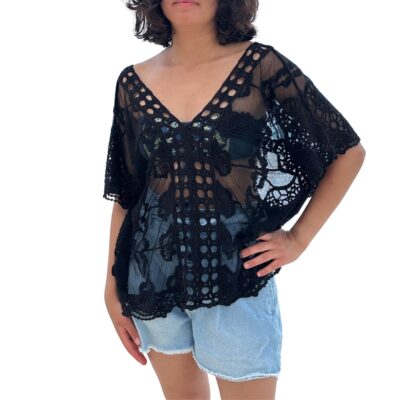 Two Sisters Ropa de Playa Tipo Blusa para Verano con Detalle de Crochet Tejido a Mano para Mujer Talla Única (Negro)