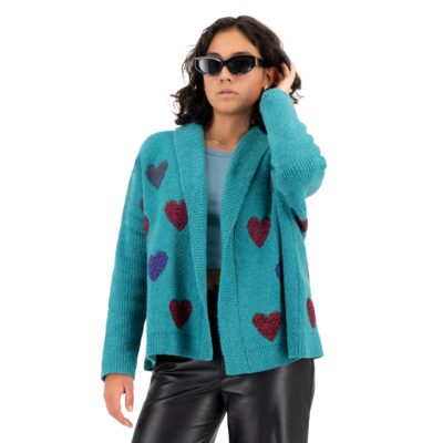 Two Sisters Poncho Suéter de Punto con Corazones para Mujer, Verde Jade, Talla CH-M y M-G (CH-M)