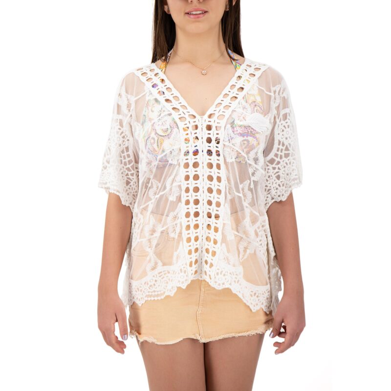 Two Sisters Salida de Playa Tipo Blusa Verano Ligero Pareo con Detalle Crochet para Mujer Talla Única (Blanca)