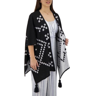 Two Sisters Poncho Negro con Blanco y Borlas abierto al frente, Talla Única Mujer