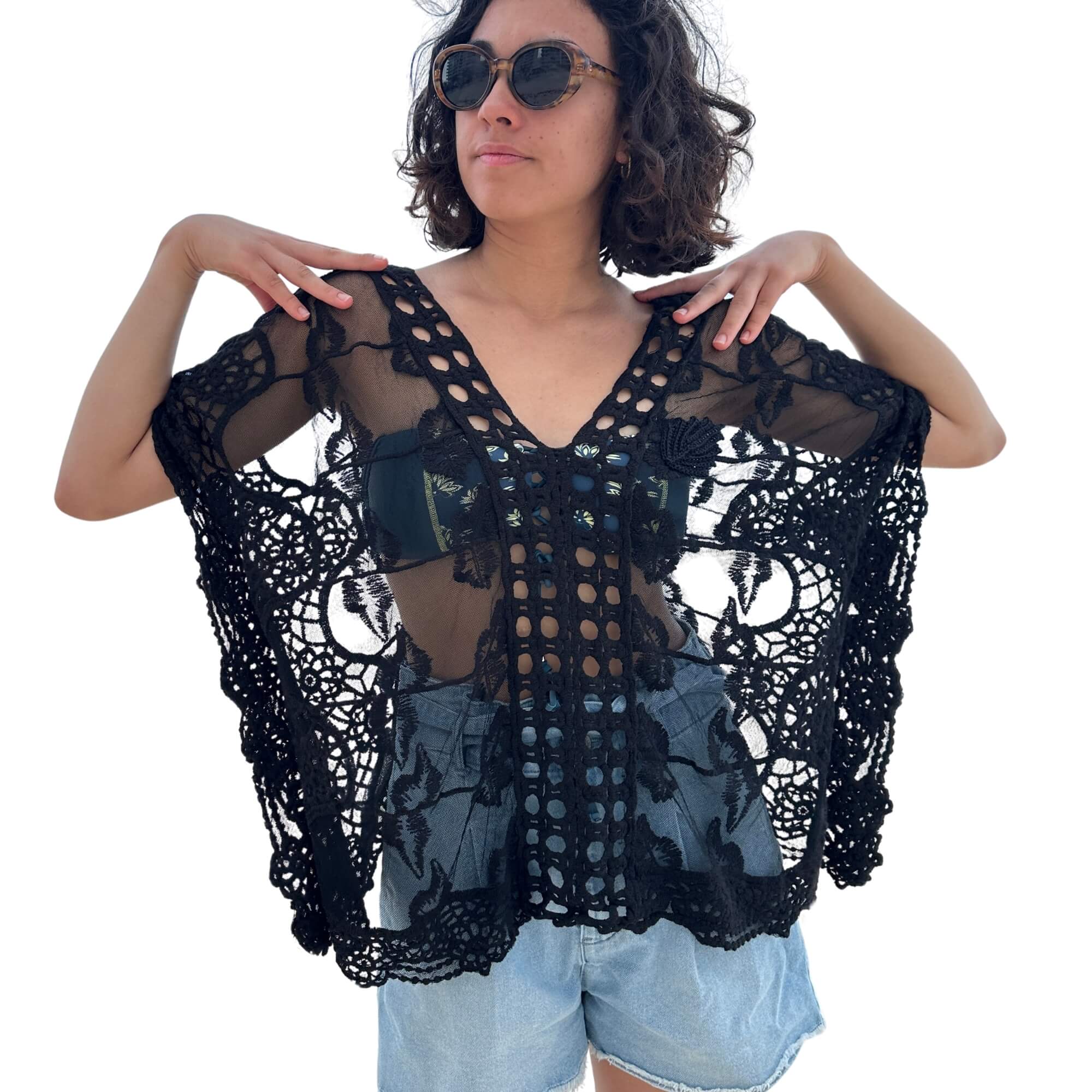 Two Sisters Ropa de Playa Tipo Blusa para Verano con Detalle de Crochet Tejido a Mano para Mujer Talla Única (Negro) - Imagen 8