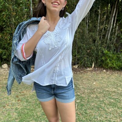 Two Sisters Blusa Delgada de Algodón Manga 3/4 con de Detalles Crochet y Cuello de encaje para Mujer (G)