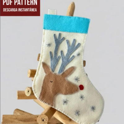 Patrón Bota Navideña Reno PDF | Molde Bota de Fieltro | Calcetín Navidad DIY | Reindeer Stocking Sewing Pattern